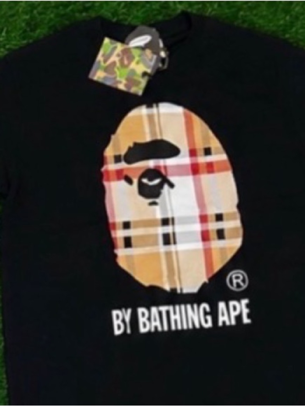 BAPE By Bathing Ape Plaid Ape Logo Tee - Black with Tan Plaid